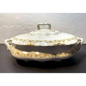 Antique J & G Meakin Hanley England serving dish bowl gold trimmed 10" x 7 1/2"